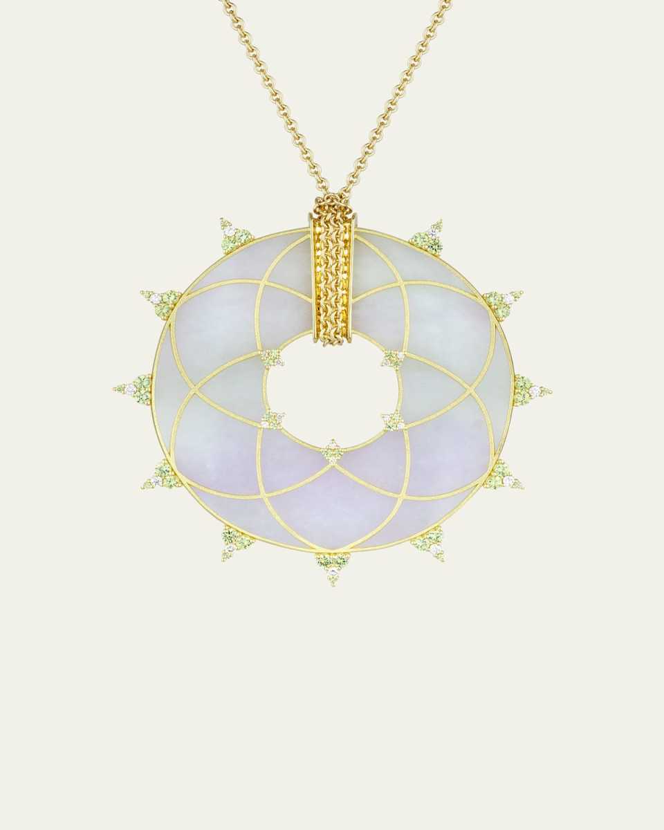 18K Yellow Gold White Diamond, Demantoid Garnet and Lavender Jade Disc Necklace
